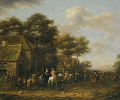 Village Scene With Numerous Figures, Horses And Chickens