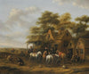 Village Scene With Numerous Figures, Horses And Chickens