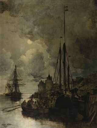 Ville en bord de mer au clair de lune