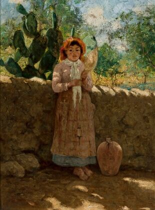 Vincenziana – girl with a distaff against a wall