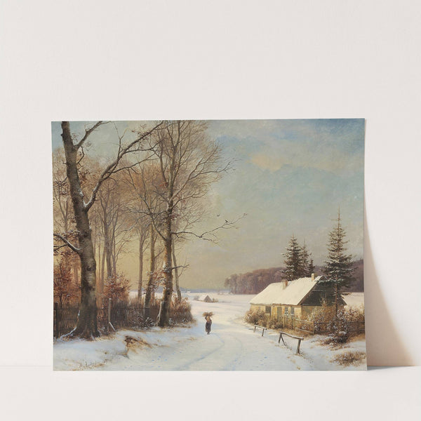Vinterlandskab med kone på en landevej ud for et hus (1871) by Anders Andersen-Lundby