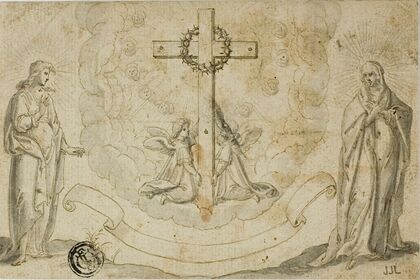 Virgin Mary and St. John the Evangelist Beholding a Vision of the Cross Held by Two Angels