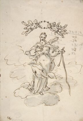 Virgin Standing on Clouds Holding a Scapular in Her Left Hand