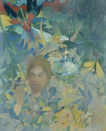 Visage De Femme Sur Fond De Vegetation Luxuriante Et D’oiseaux Fantastiques