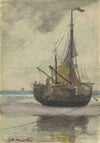 Vissersboot op het strand met gereefd zeil