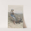 Vissersmeisje met kind in kinderwagen in de duinen (1880) by Bernardus Johannes Blommers