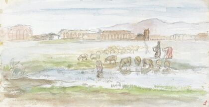 Vlakte met schapen, op de achtergrond ruïnes van een aquaduct (1834 - 1911)