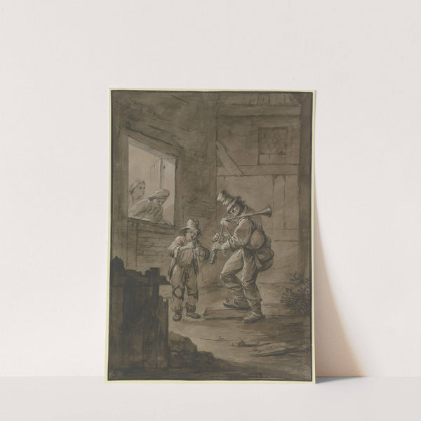 Vor einem Haus stehen ein Dudelsackpfeifer und ein flötender Knabe by Johann Jakob Dorner the Elder