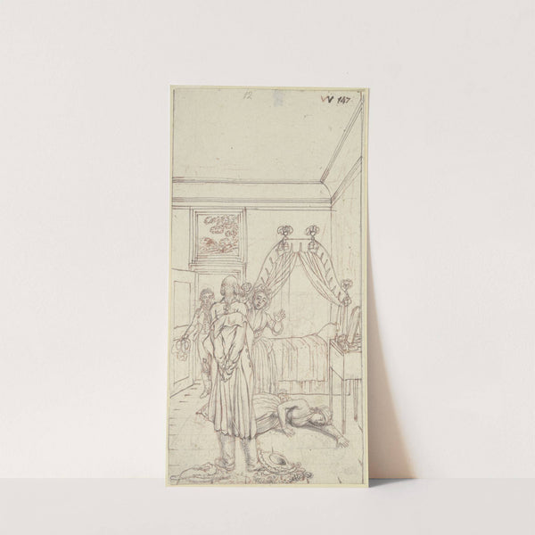 Vor einem Himmelbett im Hintergrund des Zimmers liegt Clarissa ohnmächtig am Boden by Daniel Nikolaus Chodowiecki