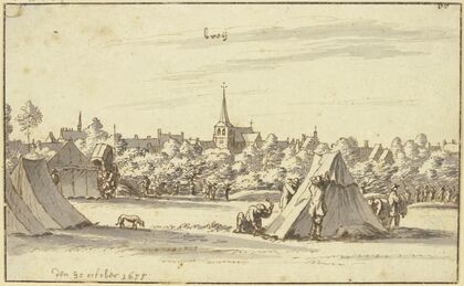Vor einer Stadt schlagen Soldaten Zelte auf