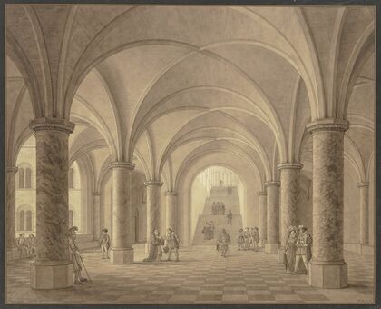 Vorhalle und Treppe eines mittelalterlichen Rathauses