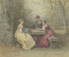 Vorlesung im Park, drei junge Damen in Watteau’schem KostÃ¼m um einen Steintisch sitzend (Laube am Sandhof bei Niederrad)