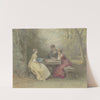 Vorlesung im Park, drei junge Damen in Watteau&#039;schem Kostüm um einen Steintisch sitzend (Laube am Sandhof bei Niederrad) by Philipp Rumpf