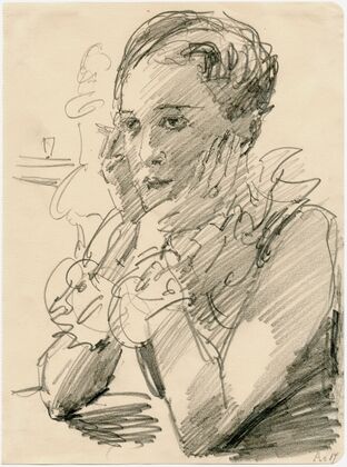 Vrouw aan een tafel, het hoofd steunend in de handen