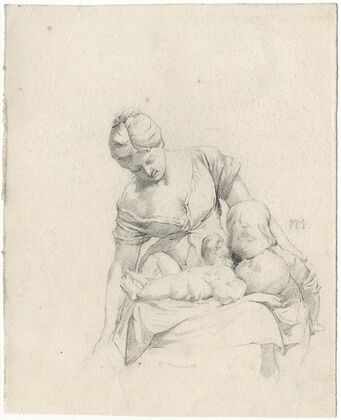 Vrouw bezig met verschonen baby, kind kijkt toe (1869)