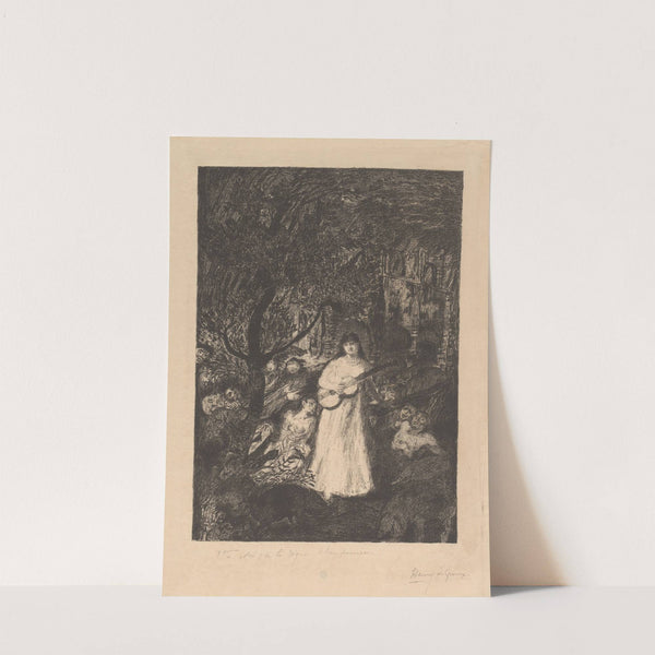 Vrouw met gitaar in een bos met figuren by Henry de Groux