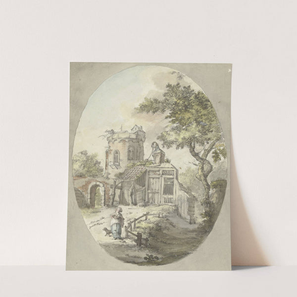 Vrouw met hond voor bouwval aan een toren (1782 - 1837) by Pieter Bartholomeusz. Barbiers