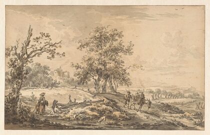 Vrouw met kind en man met ezel in landschap (1755 - 1818)