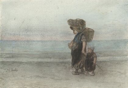 Vrouw met kind, lopend over het strand (1834 - 1911)