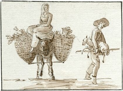 Vrouw op een ezel, herder met schaap