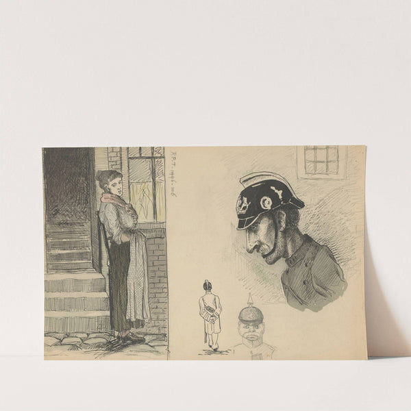 Vrouw voor een huis en drie voorstellingen van een politieagent (1893 - 1928) by Ernst Maximilian Büttinghausen