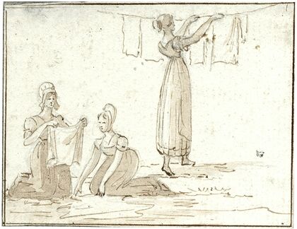 Vrouwen bezig met wassen en drogen van wasgoed