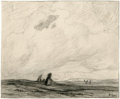 Vrouwen nettenboetend onder een hoge wolkenlucht