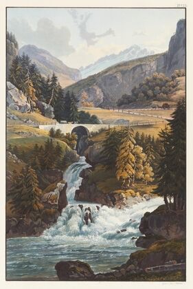 Vue de la cascade du Rhin et du torrent d’Avers dans le Roflen
