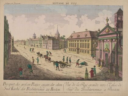 Vue de la Rue grande vers l’Englise du Sud des Presbiteriennes a Boston.