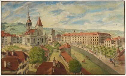 Vue de l’eglise du St. Esprit, et du grand Hopital à Berne