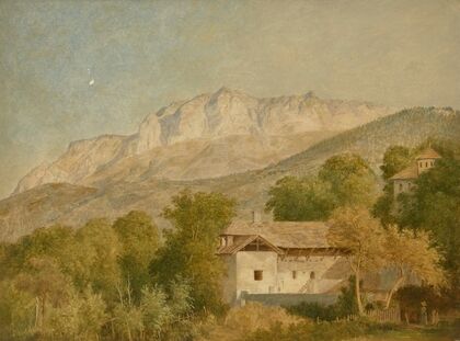 Vue d’une ferme et du massif des MÃ©mises, prise depuis St.-Paul-en-Chablais ou Maxilly