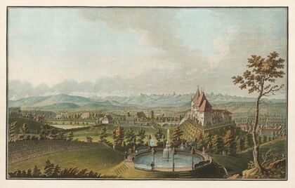 Vue générale des alpes et glaciers prise du Chateau de Worb