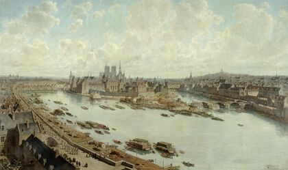 Vue panoramique de Paris en 1588, depuis les toits du Louvre, avec le Pont-Neuf en construction — size preview