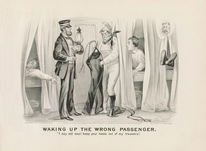 Waking up the wrong passenger; ‘I say old man! keep your hooks out of my trousers.’ (1875)