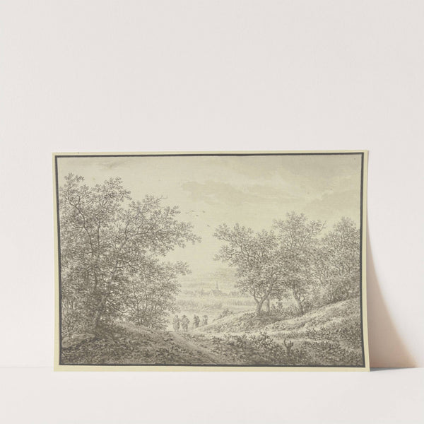 Waldausgang mit Blick auf ein Dörfchen, im Vordergrund vier Figuren by Karl Franz Kraul