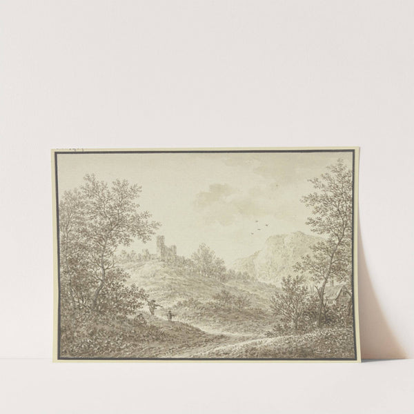 Waldausgang mit Blick auf einen Hügel mit einer Ruine, im Vordergrund drei Figuren und rechts ein Bauernhof. by Karl Franz Kraul