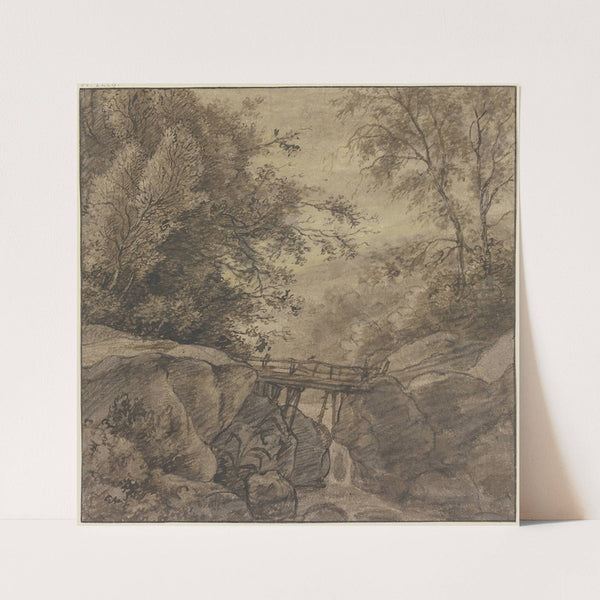 Waldbach, der über Felsen stürzt, über die eine Holzbrücke führt by Antonie Waterloo