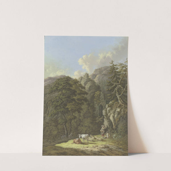 Waldige Berglandschaft mit einem alten Tor und einer Viehherde in einer Lichtung by Karl Franz Kraul