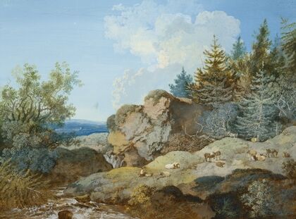 Waldlandschaft im Gebirge mit Herde und Gewässer