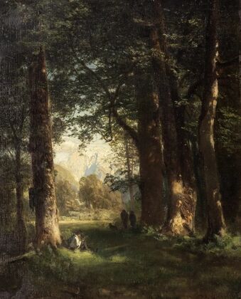Waldlandschaft mit Figurenstaffage und Blick auf ein Gebirge (1867)