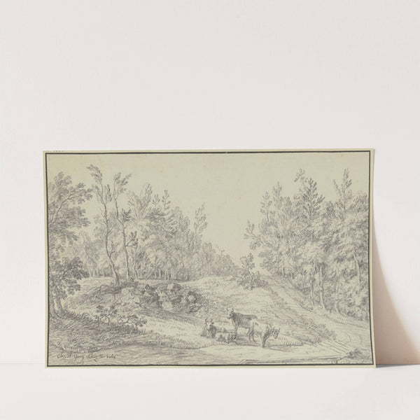 Waldlichtung, im Vordergrund drei Kühe und zwei Schafe by Christian Georg Schütz the elder