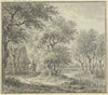 Waldpartie mit Wasser und einem Haus, dabei ein Reiter