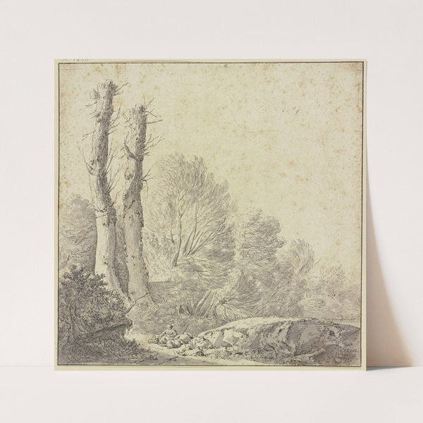 Waldpartie mit zwei kahlen Bäumen, im Vordergrund am Wege ruhendes Paar by Johann Heinrich Roos