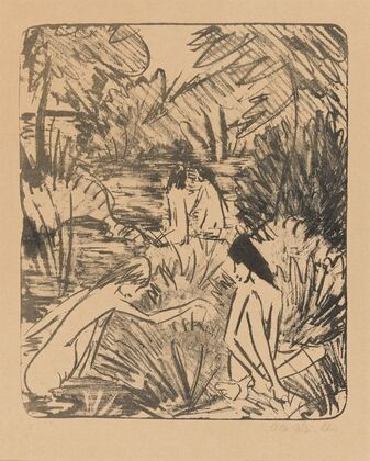 Waldsee mit drei badenden und einem sitzenden Mädchen 2 (1918)