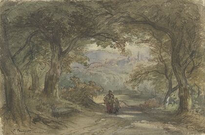 Waldweg mit Ausblick auf ein Dorf