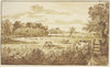 Waldwiese mit Vieh, rechts am Zaun der Hirte