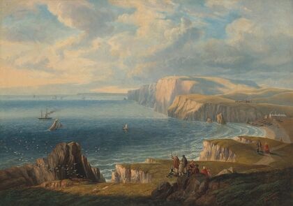 Walkers on the cliffs above Freshwater Bay, viewed from the East
