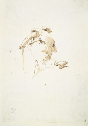 Walking male figure seen obliquely from below