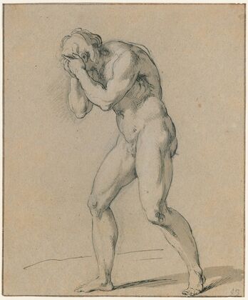 Walking nude man, covering his face