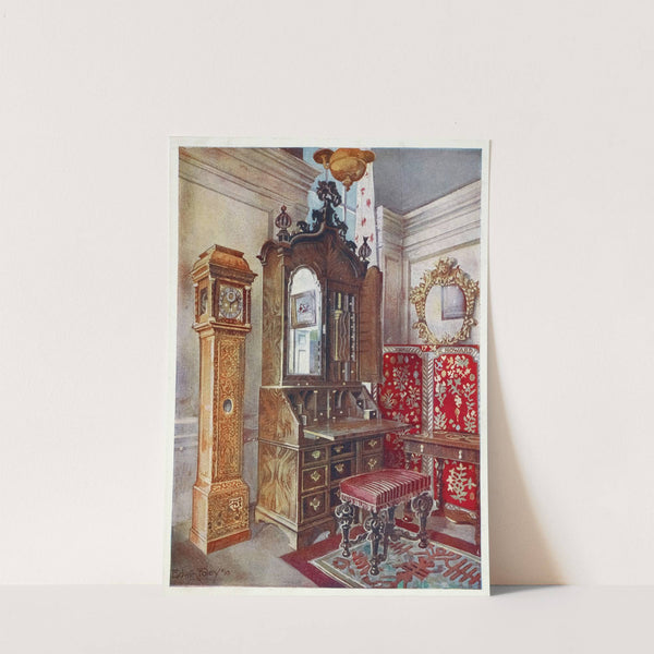 Walnut cabinet-top scrutoire, Inlaid sycamore (&#039;yellow&#039;) clock, Carved tabouret by Edwin Foley